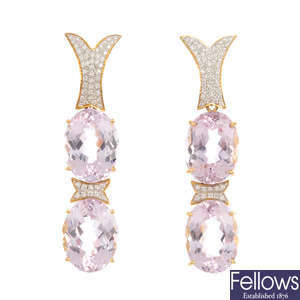 A pair of 18ct kunzite and diamond earrings.