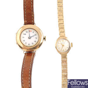 Three ladies 9ct gold wrist watches.