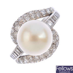 A cultured pearl diamond dress ring.