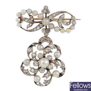 A diamond, pearl and seed pearl brooch.