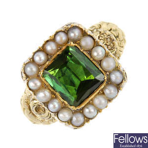 An early Victorian 15ct gold, foil back tourmaline and split pearl ring.