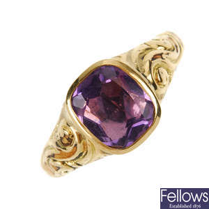 A late Victorian 9ct gold amethyst ring.