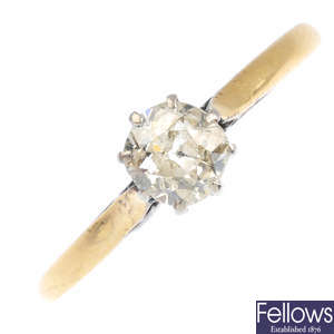 A mid 20th century platinum and 18ct gold old-cut diamond single-stone ring.