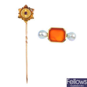 A carnelian and cultured pearl pendant and Victorian stickpin.