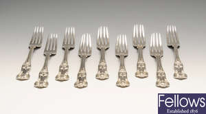 9 Queen's pattern silver dessert forks & 9 King's pattern teaspoons.    