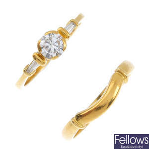 An 18ct gold diamond single-stone ring and a shaped band ring.