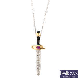 GAVELLO - a diamond and gem-set sword pendant.