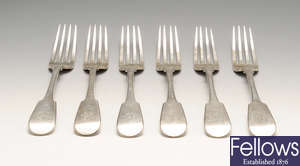 A William IV set of six table forks, a George III pair of silver table spoons, etc.