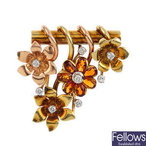 A mid 20th century 14ct gold citrine and diamond floral brooch, by Bailey, Banks & Biddle.