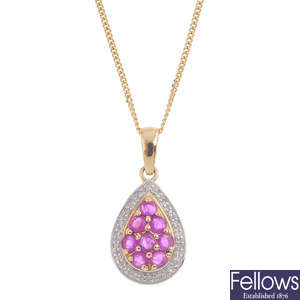 A 9ct gold ruby and diamond necklace, with chain and a pair of 9ct gold sapphire and diamond earrings.
