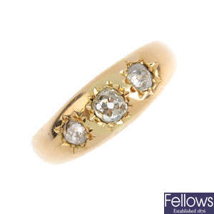 A diamond three-stone ring. 
