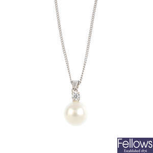 TIFFANY & CO. - a cultured pearl and diamond pendant, with non-designer 18ct gold chain.