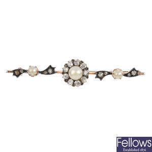 A late Victorian split pearl and diamond brooch.