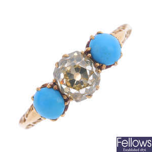An early 20th century 18ct gold diamond and turquoise three-stone ring.
