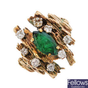 A 1970s 9ct gold diamond and emerald ring.
