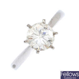 An 18ct gold synthetic moissanite single-stone ring.