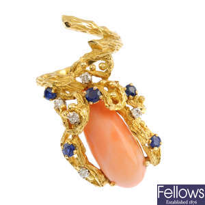 A 1970s coral and gem-set dress ring.