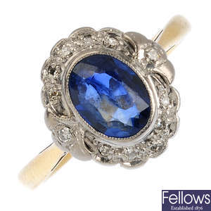 A mid 20th century 18ct gold and platinum, sapphire and diamond cluster ring.