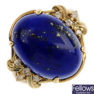 A lapis lazuli and diamond ring, with matching earrings.