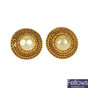 CHANEL - a pair of large imitation mabe pearl ear clips.