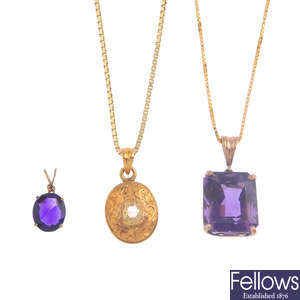 Three gem-set pendants, with chains.