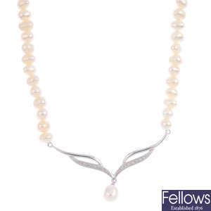 Four cultured pearl and diamond single-strand necklaces.