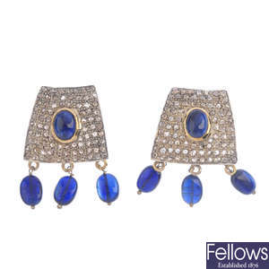 A pair of diamond and kyanite earrings.