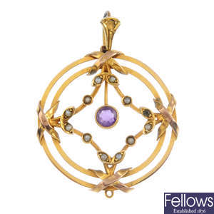 An Edwardian 9ct gold amethyst and seed pearl pendant.