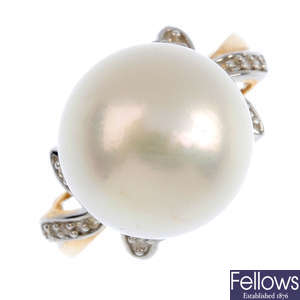 A 9ct gold cultured pearl and diamond ring.
