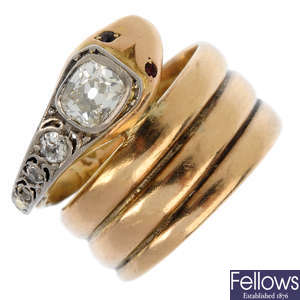 A late Victorian 9ct gold diamond snake ring.