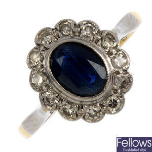 (550710-1-A) A mid 20th century 18ct gold sapphire and diamond cluster ring.