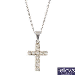 (550716-1-A) An 18ct gold diamond cross pendant, with 9ct gold chain.
