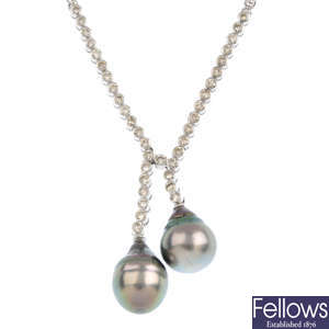 (549810-1-A) A cultured pearl and diamond necklace.