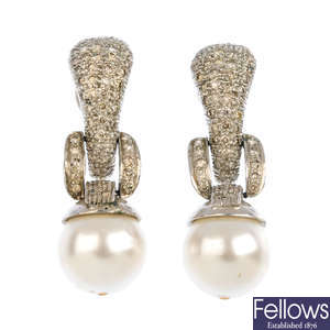 (551272-7-A) A pair of diamond and imitation pearl earrings.