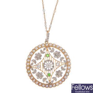 (549810-4-A) An Edwardian gold, diamond and gem-set pendant, with chain.