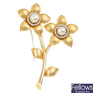 A mid 20th century diamond and cultured pearl floral brooch.