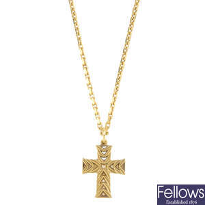 CASSANDRA GOAD - a 18ct gold cross pendant, with non-designer chain.
