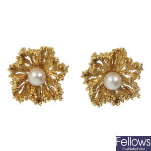 A pair of 1970s 18ct gold cultured pearl clip earrings.