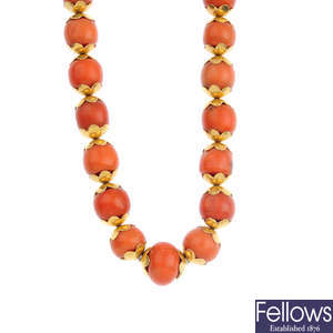 A coral bead necklace.