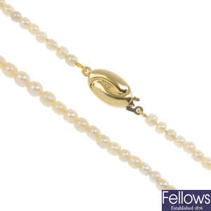 A seed and cultured pearl single-strand necklace.
