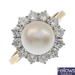 An 18ct gold cultured pearl and diamond cluster ring.