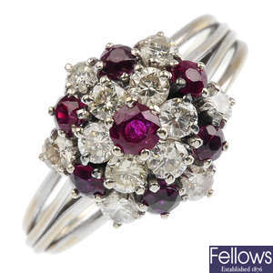 A 18ct gold diamond and ruby cluster ring.