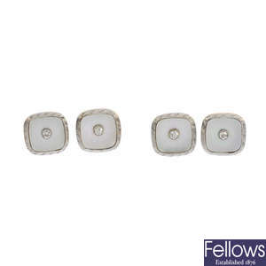 A set of early 20th century 18ct gold and platinum mother-of-pearl and diamond dress studs.