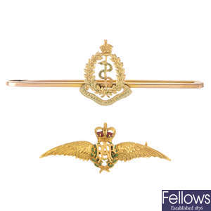 A medical corps bar brooch and a 9ct gold enamel RAF brooch.