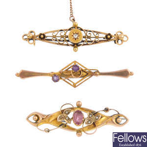Three early 20th century gold gem-set bar brooches.