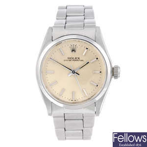ROLEX - a mid-size stainless steel Oyster Perpetual bracelet watch.