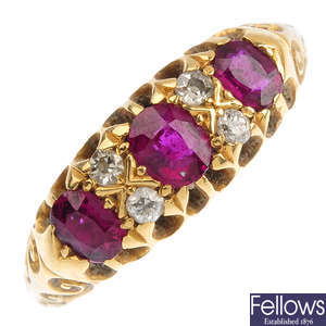 An Edwardian 18ct gold ruby and diamond ring.