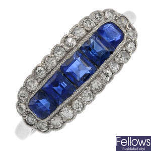 An early 20th century platinum, sapphire and diamond ring.