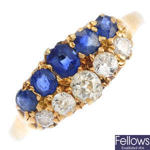A late Victorian gold, sapphire and diamond two-row ring.