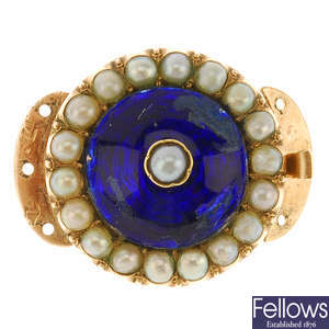 A late 19th century gold split pearl and enamel clasp.